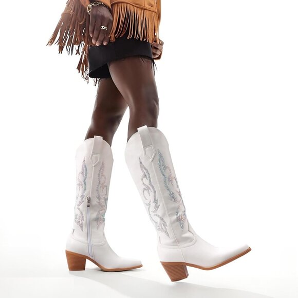 Women's White Cowboy for Wide High Calf Rhinestone Knee Western Tall Boots - Picture 6 of 7